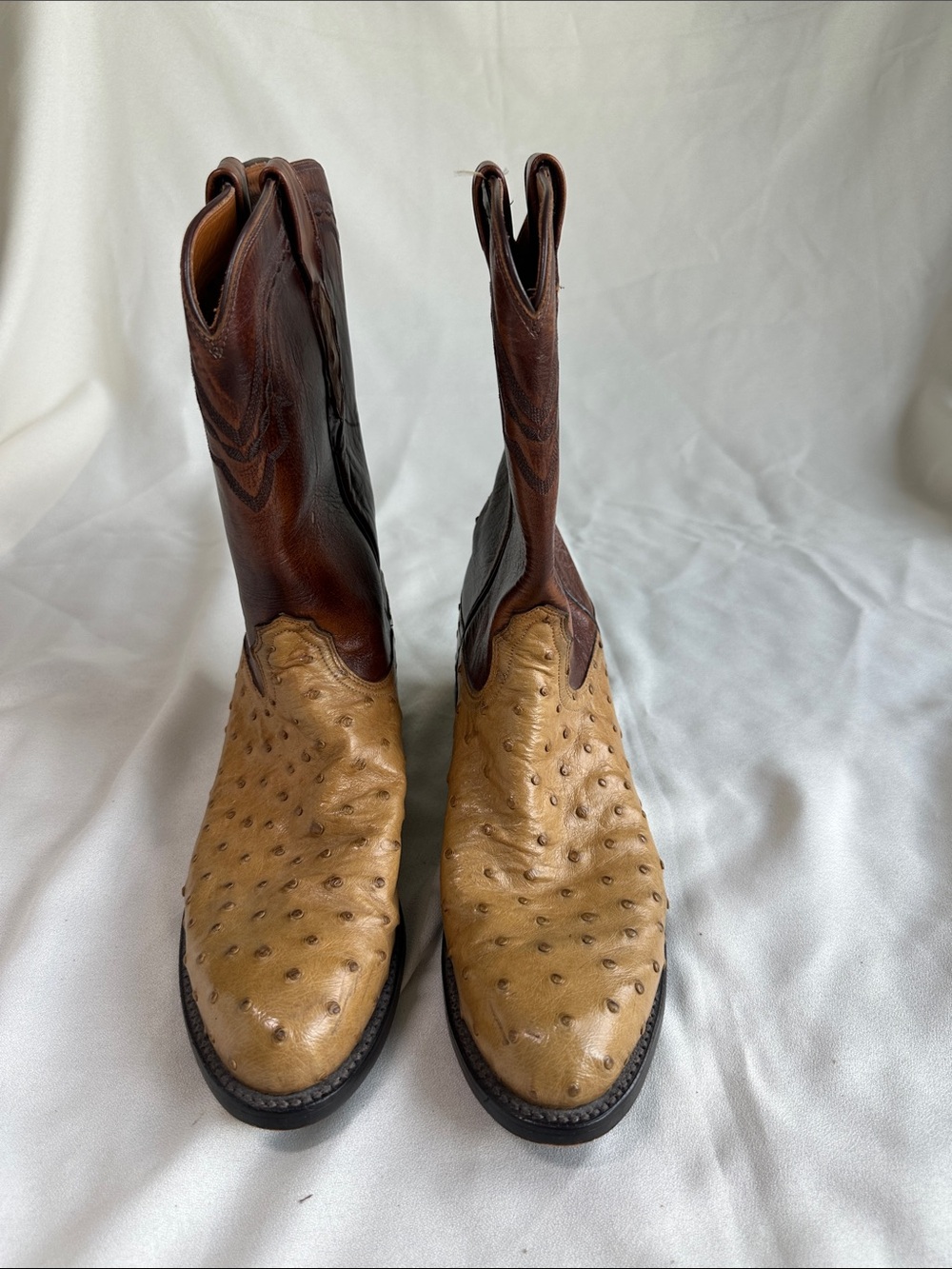 Lucchese Two-Tone Ostrich Western Heeled Boots — Dark Brown & Tan
